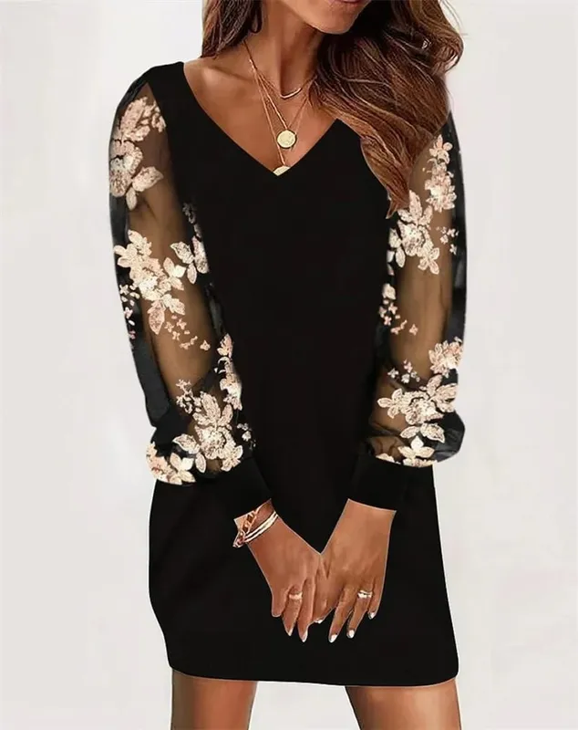 2024 Fashion Sexy V-Neck Mini Dress Vestidos Elegant Women's Autumn Winter Casual Loose Lace Long Sleeve Office Lady Dress Robe — image 5