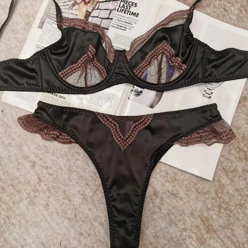 Women Brassiere Mesh Satin Lace Splicing Ultra Thin Minimizer Anti Sag Soft Support Lingerie For Girls 32‑38AB Suit