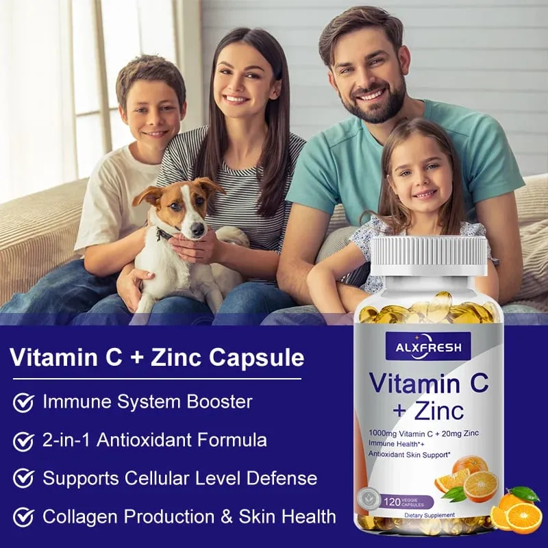 Alxfresh C-vitamin 1000mg med zink 20mg | Vitamin kosttilskud | Ikke-GMO og glutenfri vegansk | til immunstøttehætter