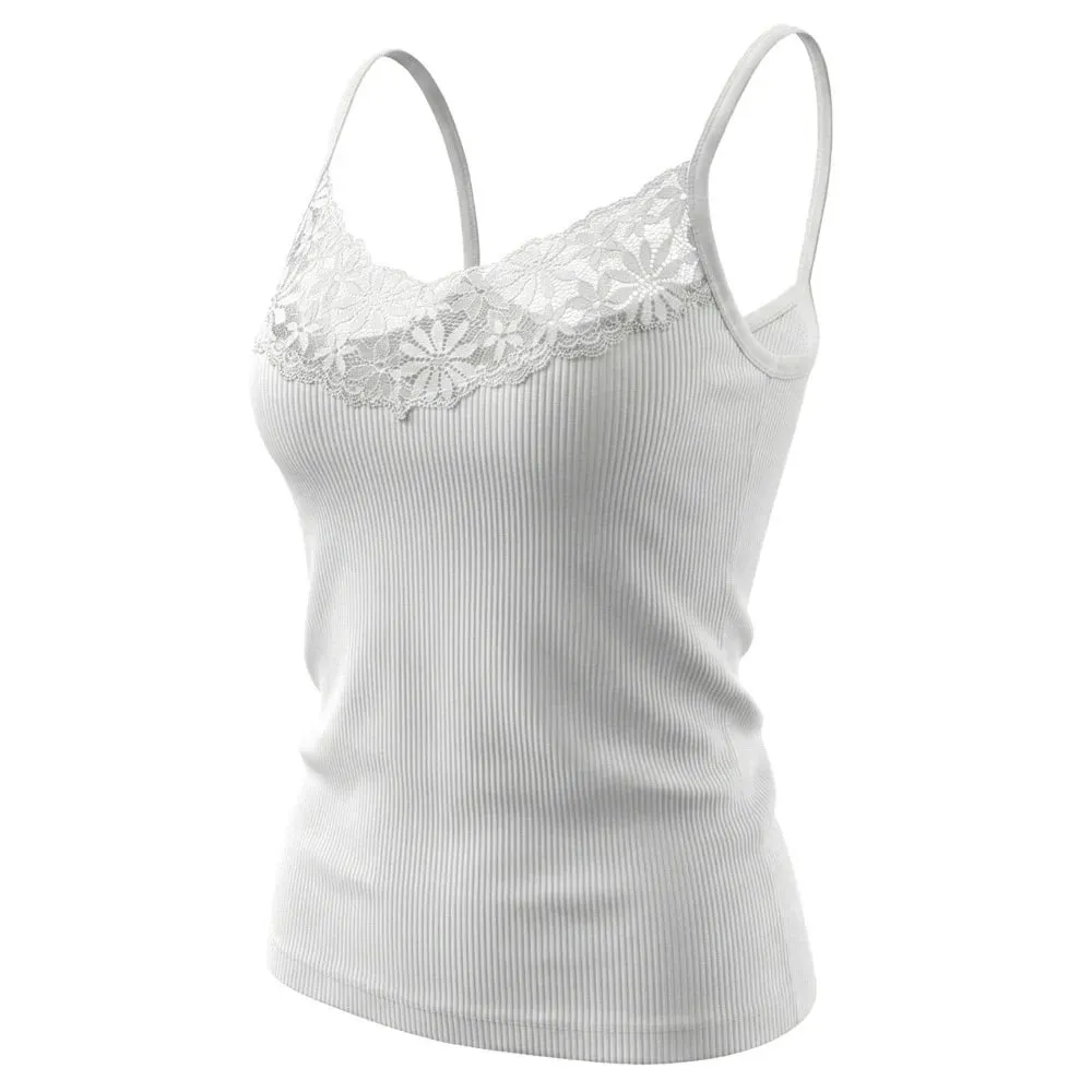 Solid Color Lace Tank Tops Ribbed Texture V Neck Design Ribbed Camisole Y2k Style Elastic Fabric Elastic Tank Tops For Women