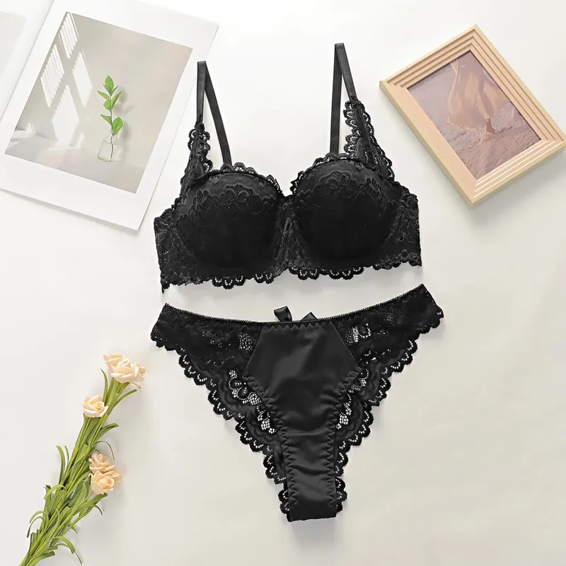 fashion Black bow lace thong set solid color daily 2-piece set sexy underwear set push up bra set B1111