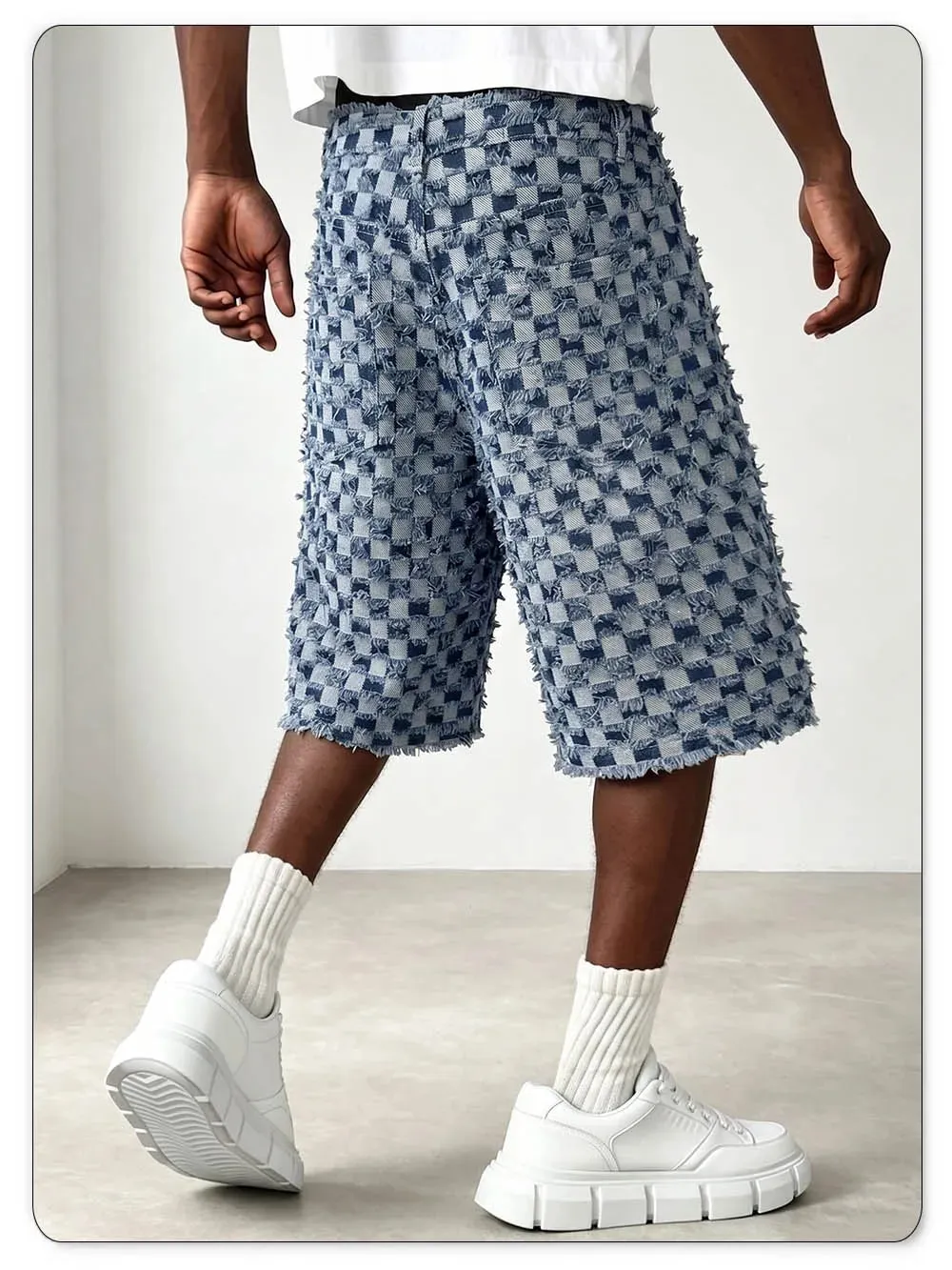 Men Fringe Checkerboard Jacquard Jean Shorts Casual Loose Wide Leg Raw Hem Knee Length Shorts Summer Bermuda Jeans