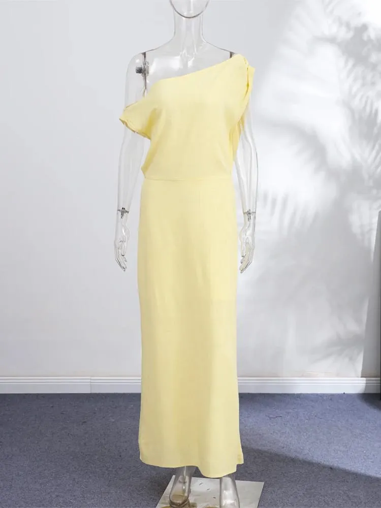 Off-shoulder Linen Maxi Dresses Women's Slim Waist-cinching Hip-wrap Ankle-length Dress 2026 New Ladies Summer Solid Outwear