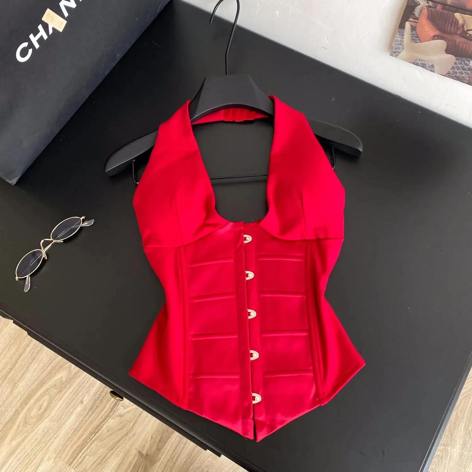 Halter Vintage Pleated Tank Top Korean Fashion Corset Bustier Summer Hotsweet Women Y2k Crop Top Camis