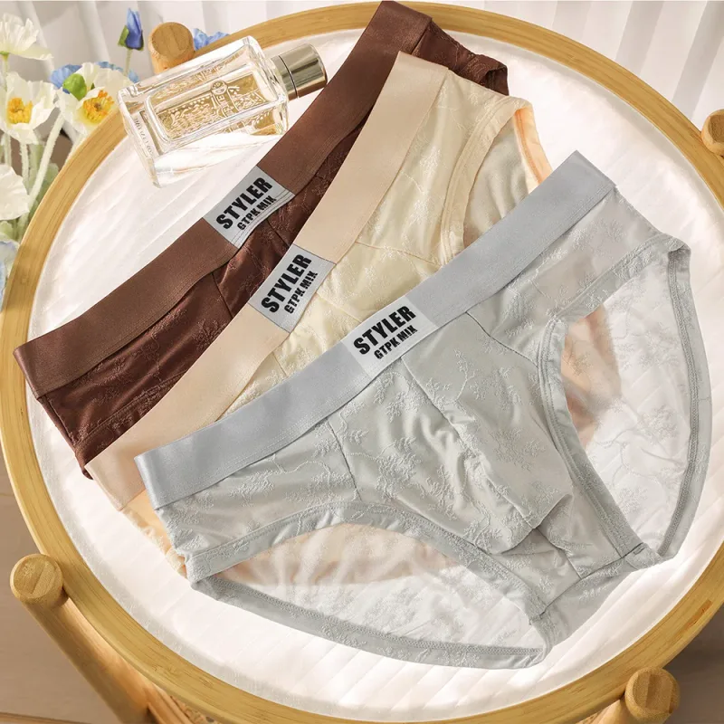 1/3PCS Sexy Perspective Men's Briefs Luxury Jacquard Smooth Ice Silk Mens Intimate Underwear Breathable 3D Mesh Pouch Lingerie