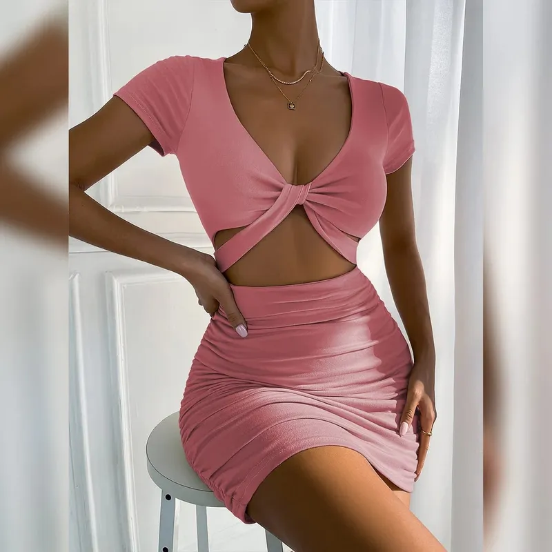 2022 여름 V 넥 중공 크로스 Bodycon 드레스 여성 솔리드 백리스 셔링 섹시한 미니 드레스 Y2k 파티 클럽 우아한 드레스