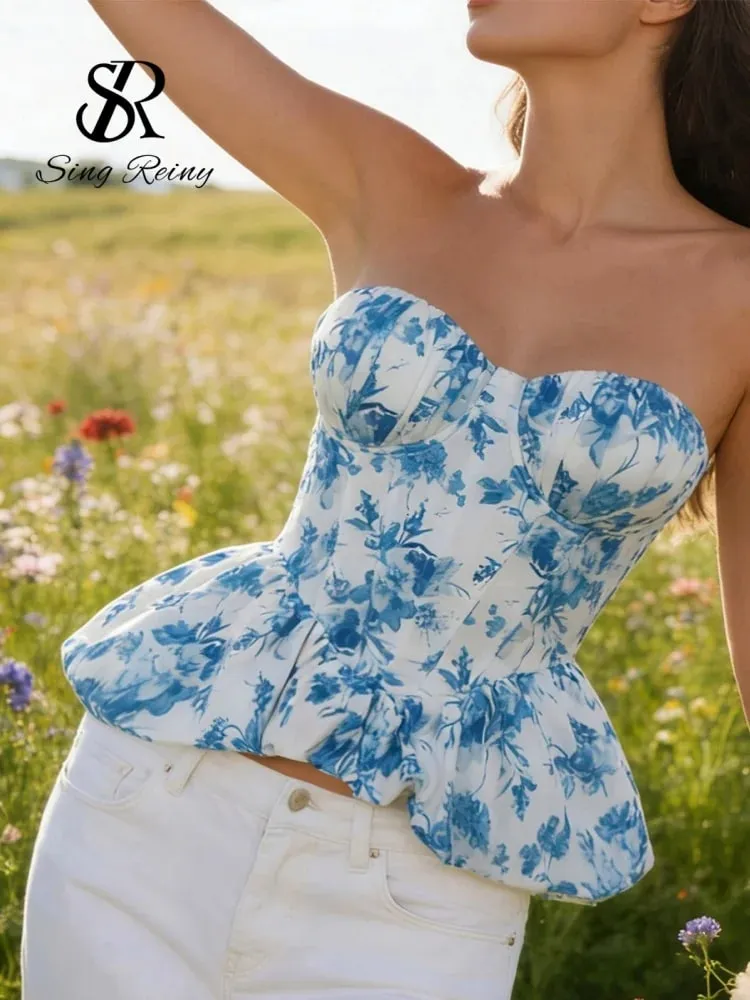 Summer Vacation Floral Print Top Female Sleeveless Lace Up Irregular Corset Blouse HIgh Quality Beach Corset Camisole