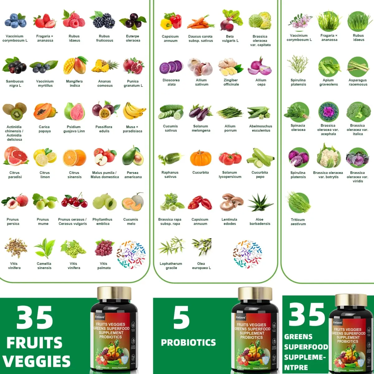 Fmlave Fruits and Veggies Supplement Reds & Green Superfood - Balance of Over 70 Fruit & Vegetable Supplements Capsules with Probiotics Prebiotics Digestive --120Caplules — image 2