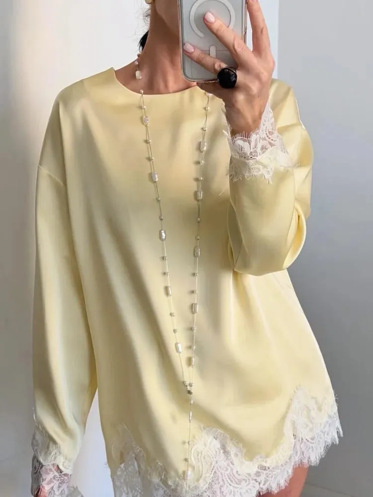 Elegant Women's Dress O-neck Full Sleeve Loose Solid Lace Hem Female Short Dresses 2026 Spring Summer New Sexy Fashion Lady Robe
