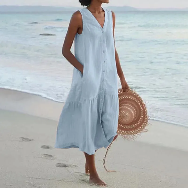 Sommer Lose Casual Patchwork Baumwolle Leinen Taschen Kleid V-ausschnitt Strand Stil Kleid Ärmelloses Vintage Club Midi Solide Frauen kleid