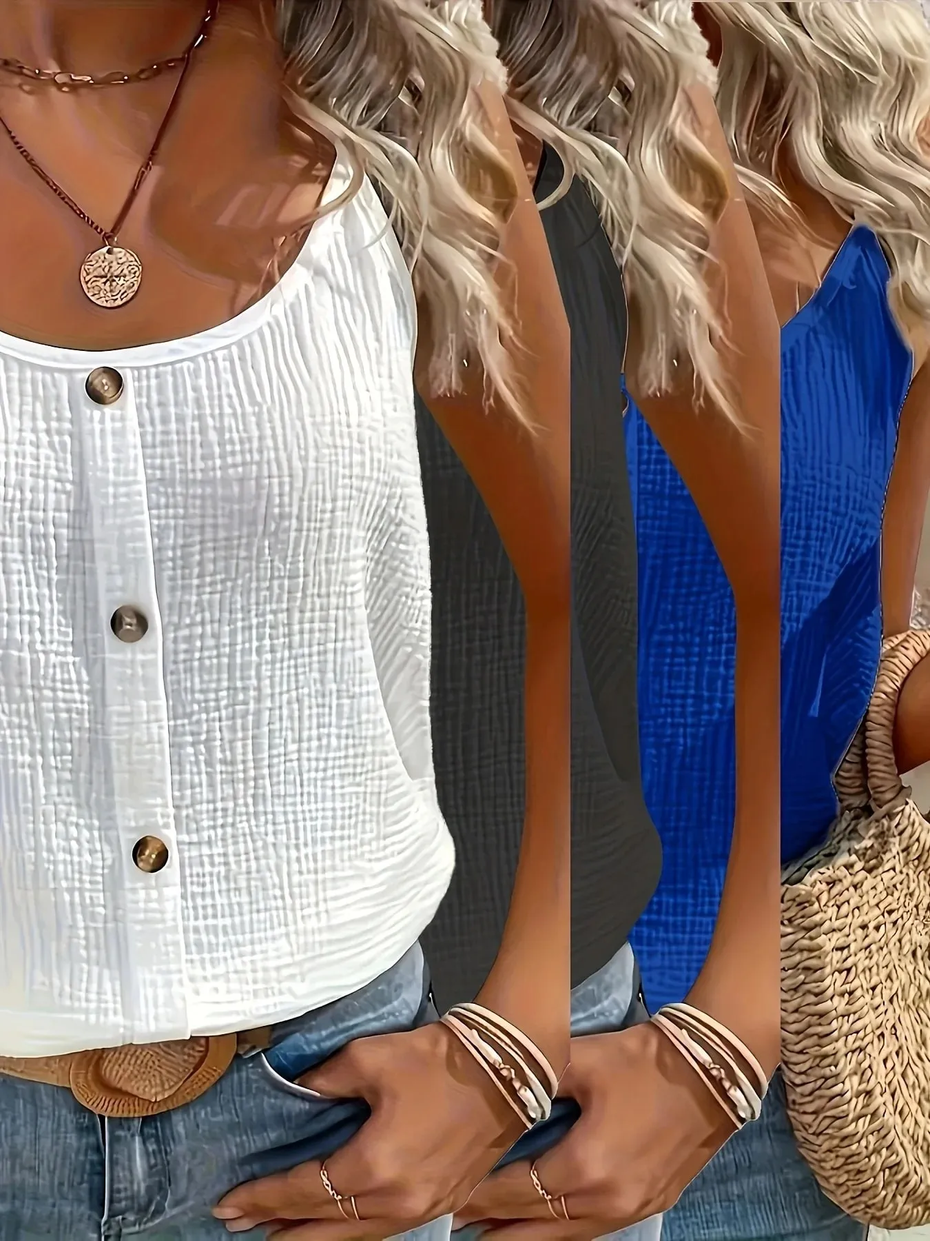 Summer Solid Color Stretchy Comfortable Camisole Tank Top 3pcs Set for Home Outings Travel and Vacations