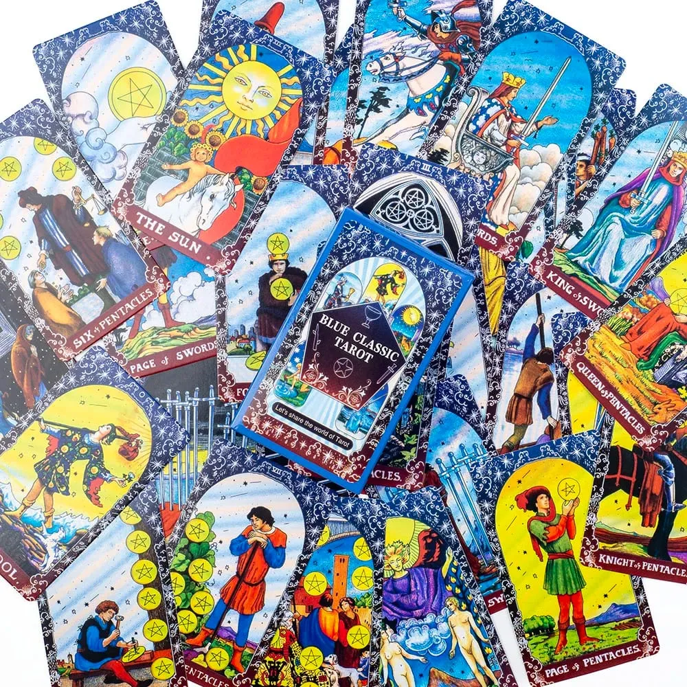 10.3*6cm Blue Classic Tarot Deck - 78 Cards Traditional Waite Imagery with Celestial Mandala Back Unique Starry Border Design