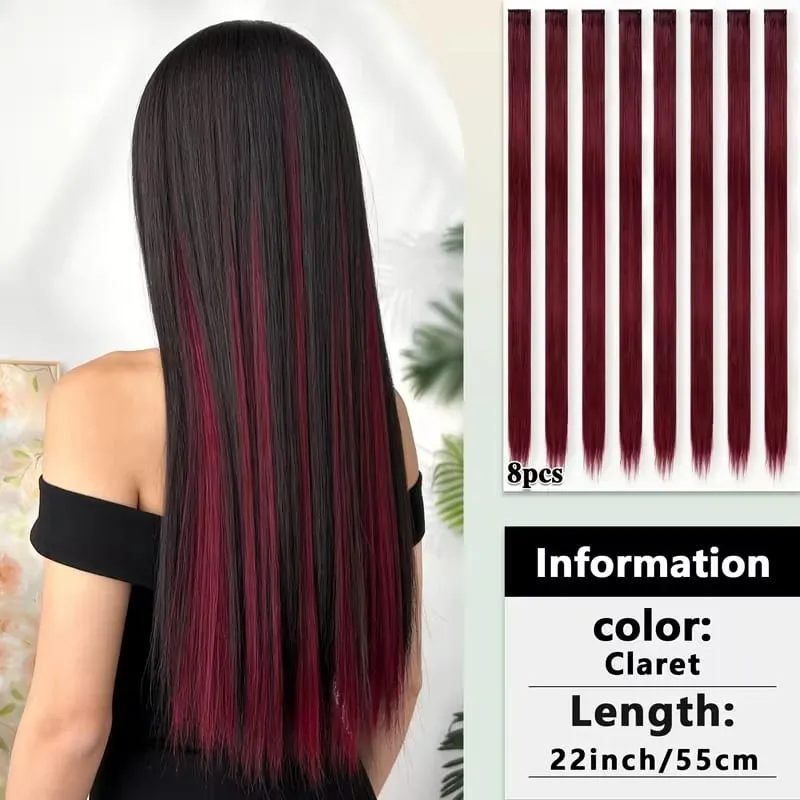 22Inch Synthetic 8pcs Long Straight Clip-In Hair Extension Highlights Multi-Color Rainbow Hairpiece for Women Daily Praty Use
