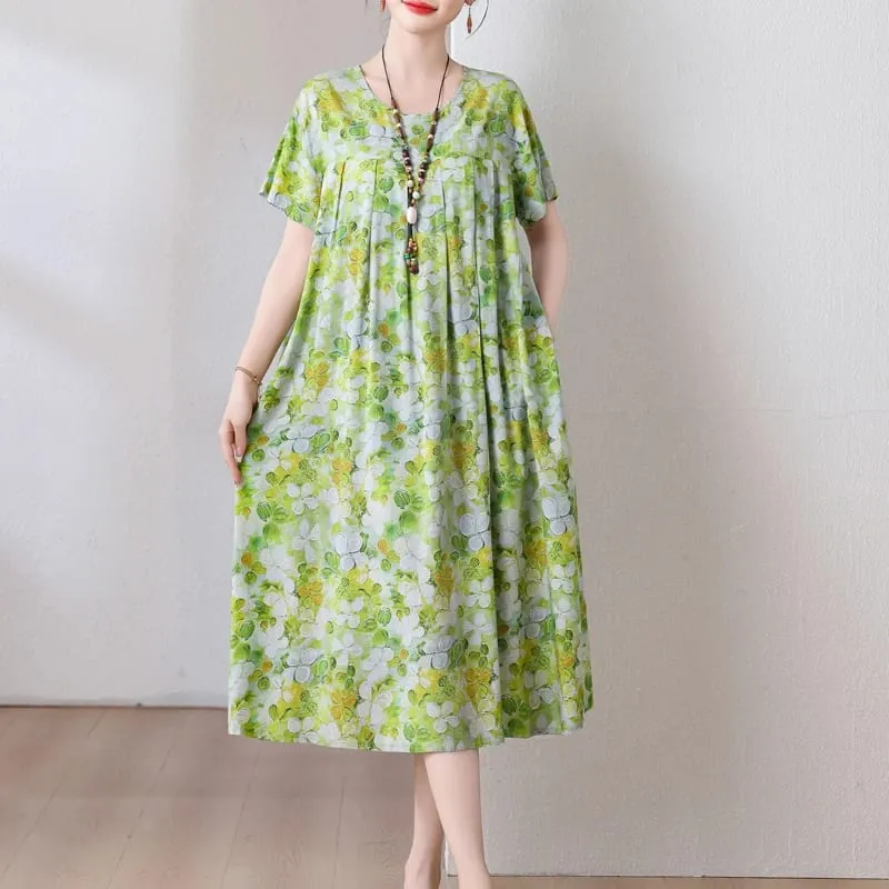 Yeni Moda Rahat 2026 Yaz Elbiseler Kadınlar Için Vintage Kısa Kollu O-Boyun Baskı Gevşek Çiçek Elbise Kadın Giysileri