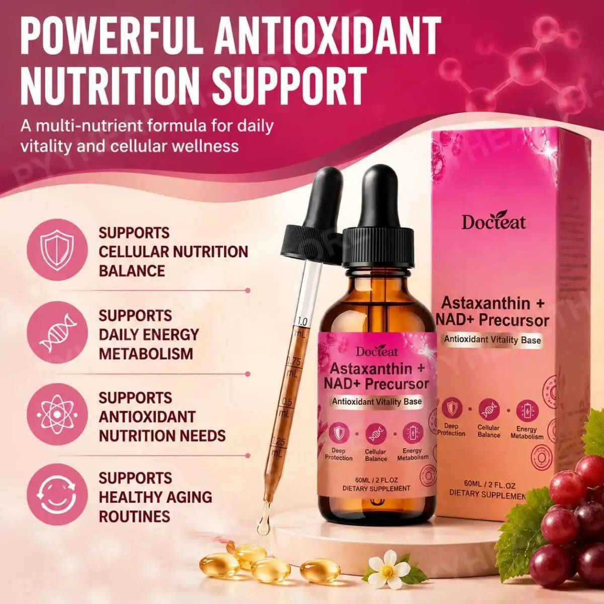Docteat Astaxanthin+ NAD+ Precursor Liquid Supports Cellular Nutrition and Energy Metabolism Antioxidant Vitality Base 60 Ml