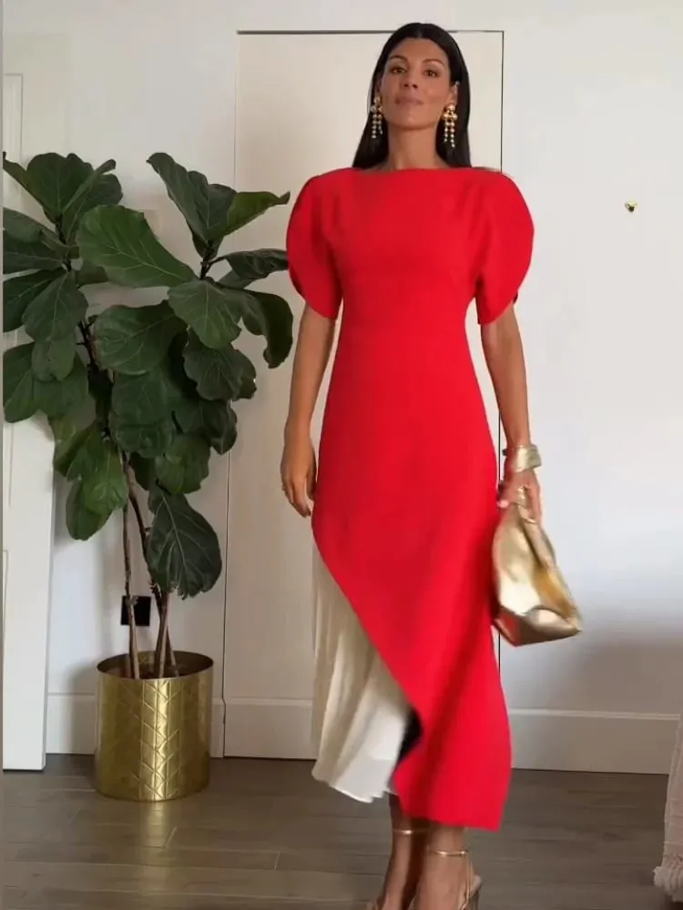 Asymmetric Hem Puff Sleeve Midi Dress Solid Boat Neck Slim Fit 2026 Summer Chic Elegant Party Women Evening Office Evening Gown