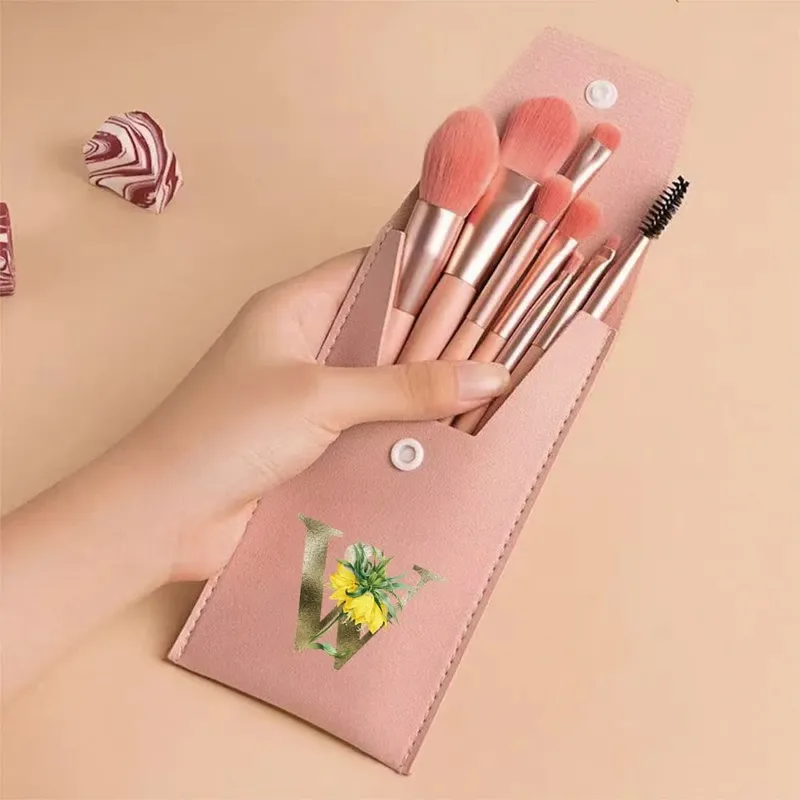 Beginners Makeup Brushes Set - Soft Fluffy Brushes For Face & Eye With PU Bag Ideal For Makeup Artists Golden Flower Pattern