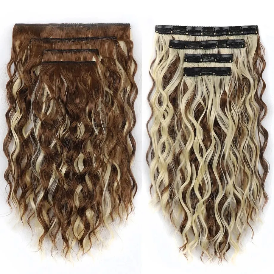 4Pcs Curly Clip in Hair Extension Synthetic Hair Mixed Color Silky Soft Natural Look Invisible Lace Weft Hairpieces for Women