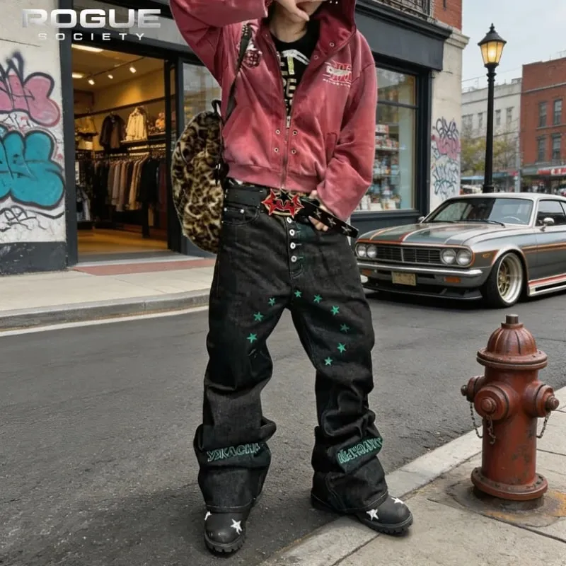 American High Street Y2K Vintage Jeans Men Harajuku Button Fly Star Embroidery Wash Baggy Denim Pants Streetwear Hip Hop Unisex