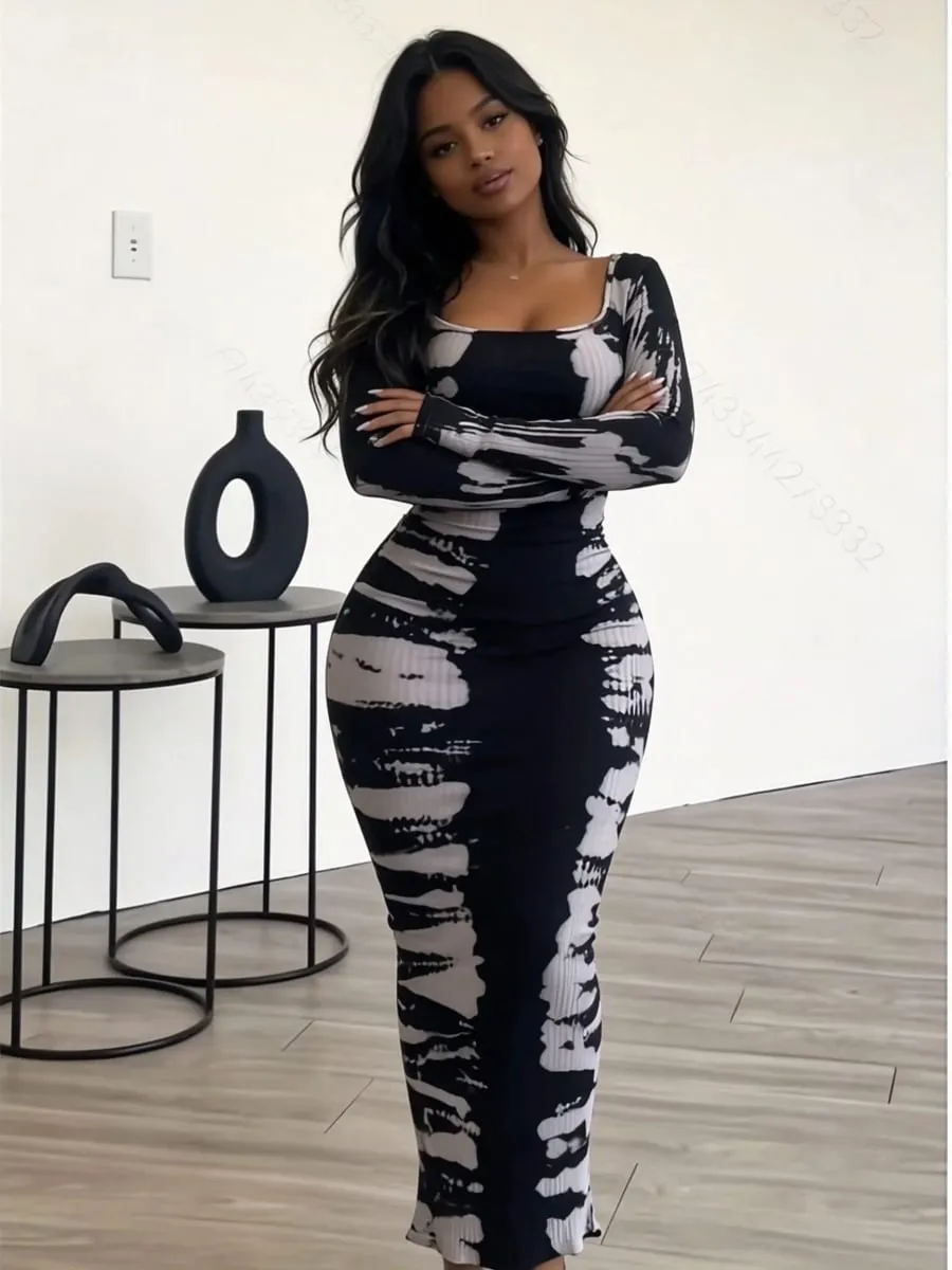 Slim Fit Hip Hugging Long Dress Square Collar Long Sleeves Waist Cinching Figure Show off Square Collar Long Skirt
