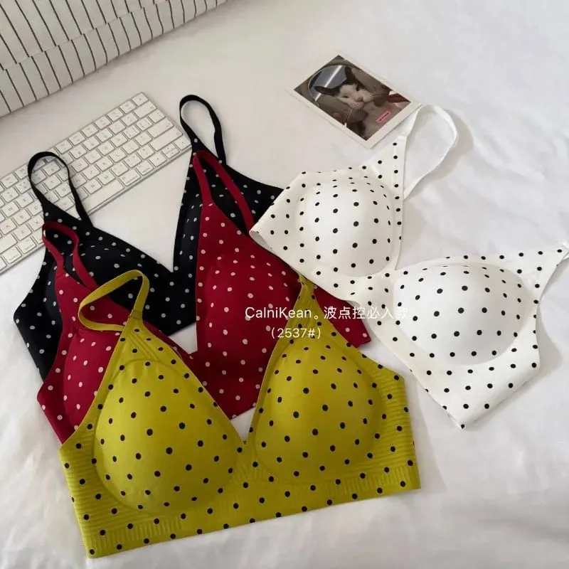 American Retro Polka Dot Bra Seamless Deep V Wireless Jelly Support Anti Sagging Lingerie Set Sexy Comfort MOYISU Sexy Bra Set