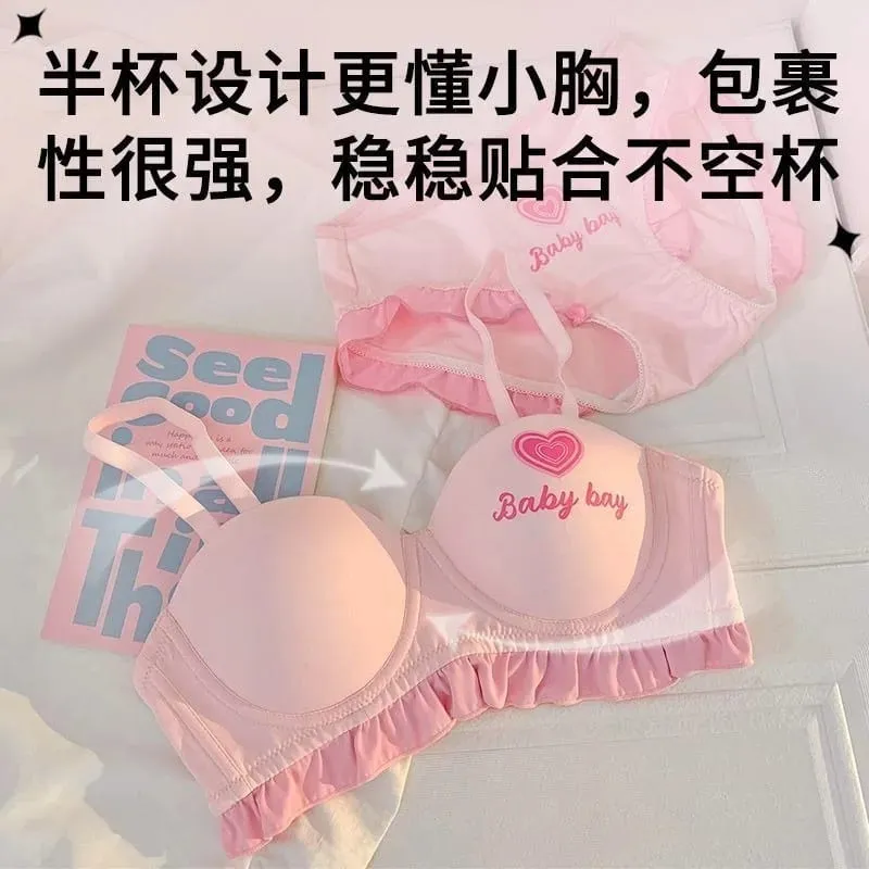 Lolita Inspired Lingerie Set for Small Chest Wireless Push Up Bralette to Enhance Curves Sweet Barbie Style Bra & Tushy Panty