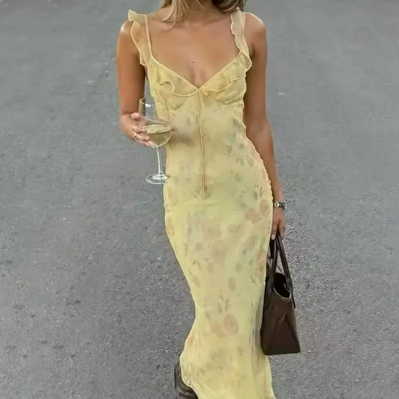 FL New Summer Flower Printed Women's Sexy Low-cut Dress Sleeveless Backless Slim Sling Dresses 2025 Beach Vacation Lady Vestidos
