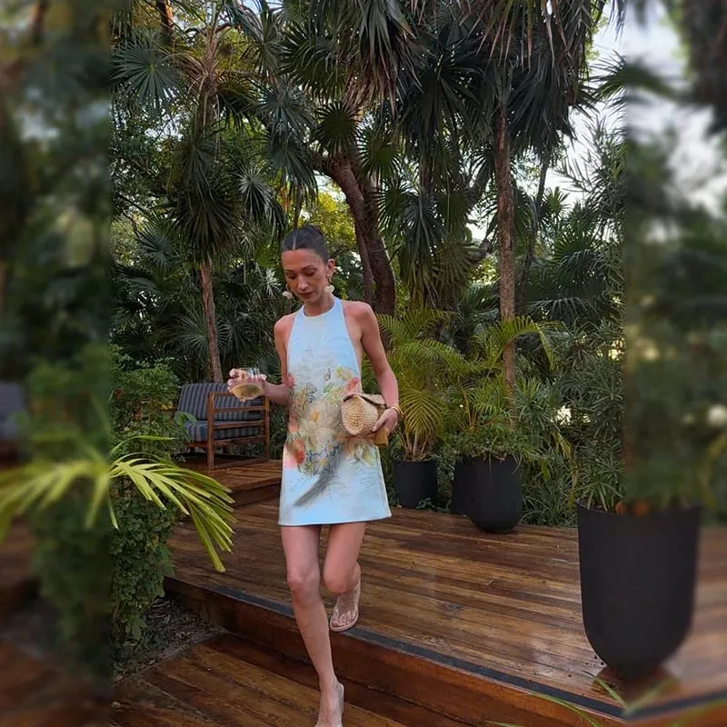 Bohemian Çiçek Baskı Boyundan Bağlamalı Mini Elbise Kadınlar Seksi Kolsuz Backless Kısa Etek Bayan Yaz Parti Tatil Beachwear