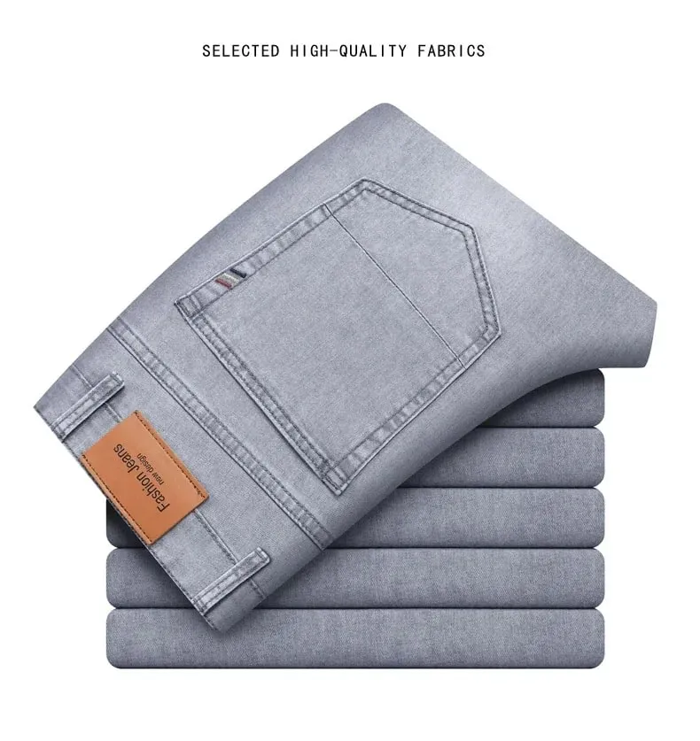Sommarmärke Herr passform Rak lättvikts stretchjeans i bomull Business Casual Hög midja Tunna ljusgrå jeans herrbyxor