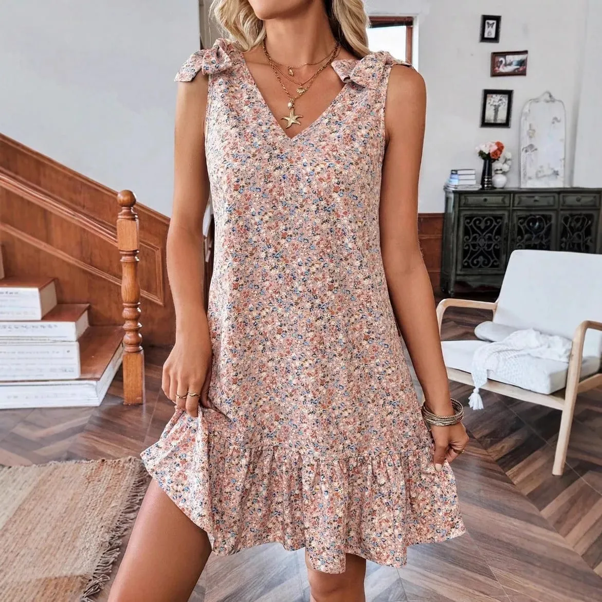 Summer Woman Dress Floral Chiffon Midi Dresses Women's V Neck Sundress Boho Spaghetti Strap Dress Ruffle A Line Pastel Floral