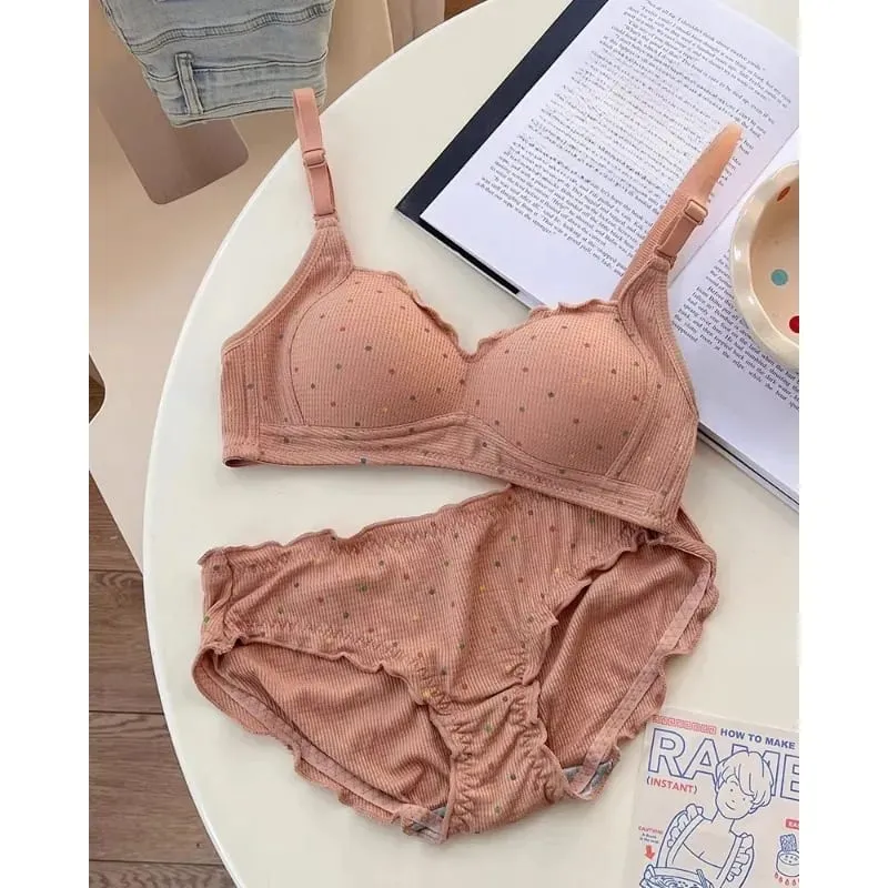 Trendy Sexy Lingerie Set Wireless Push Up Gathering Anti-Sagging Side Support Soft For Young Girls High School Daily 32-38 Bra