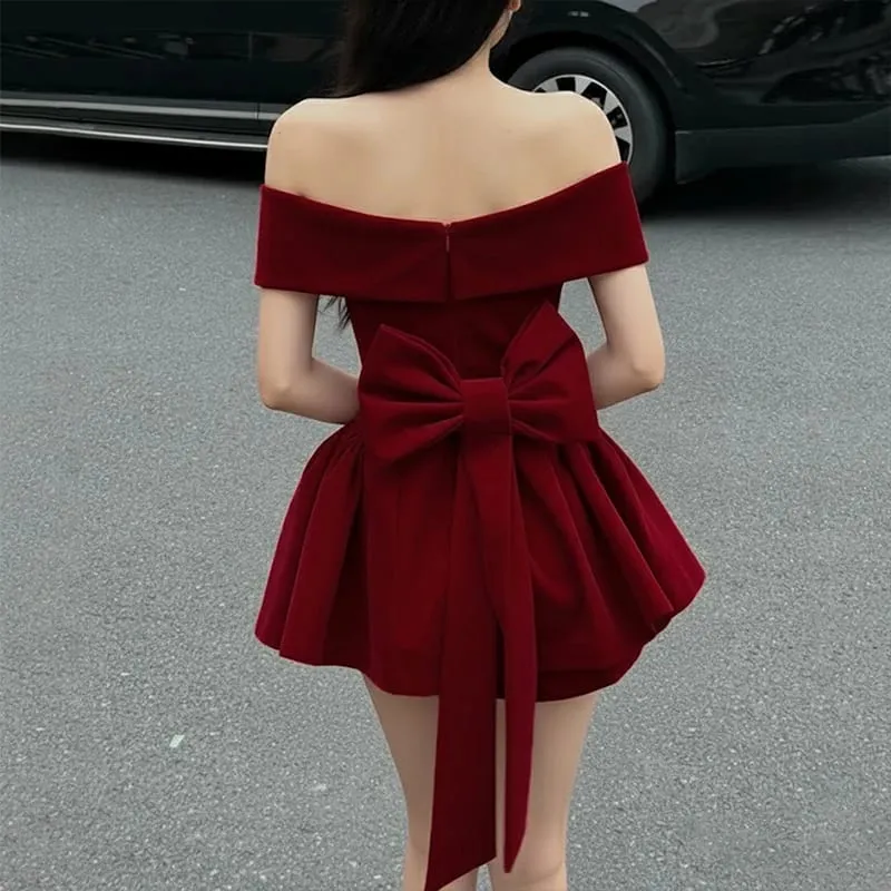 Moda vermelho bowknot mini vestido cintas gola quadrada sem mangas sem costas vintage bonito senhoras magro festa curto a-line vestidos