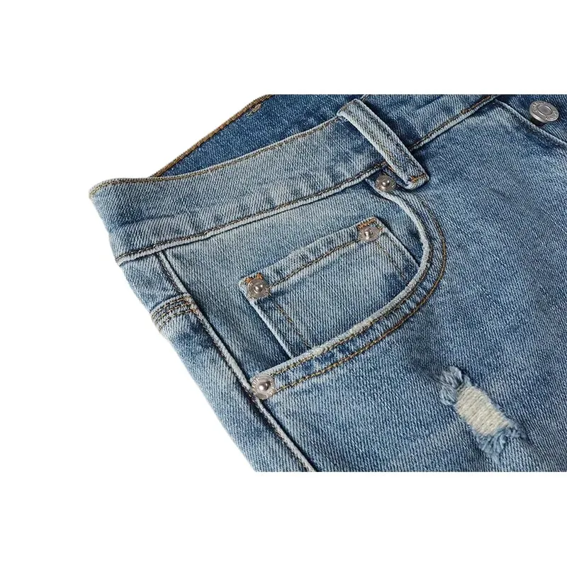 Men's Slim Taper Ripped Jeans Vintage Light Blue Wash Frayed Edges Button Fly High Street Style Denim Pants