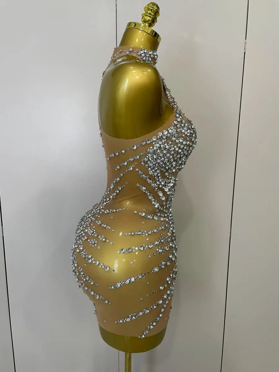 Funkelnde Strasssteine ​​Sexy Mesh Durchsichtiges Kleid Party Abend Abschlussball Feiern Geburtstagskleid Sänger Tänzer Show Bühnenkleidung