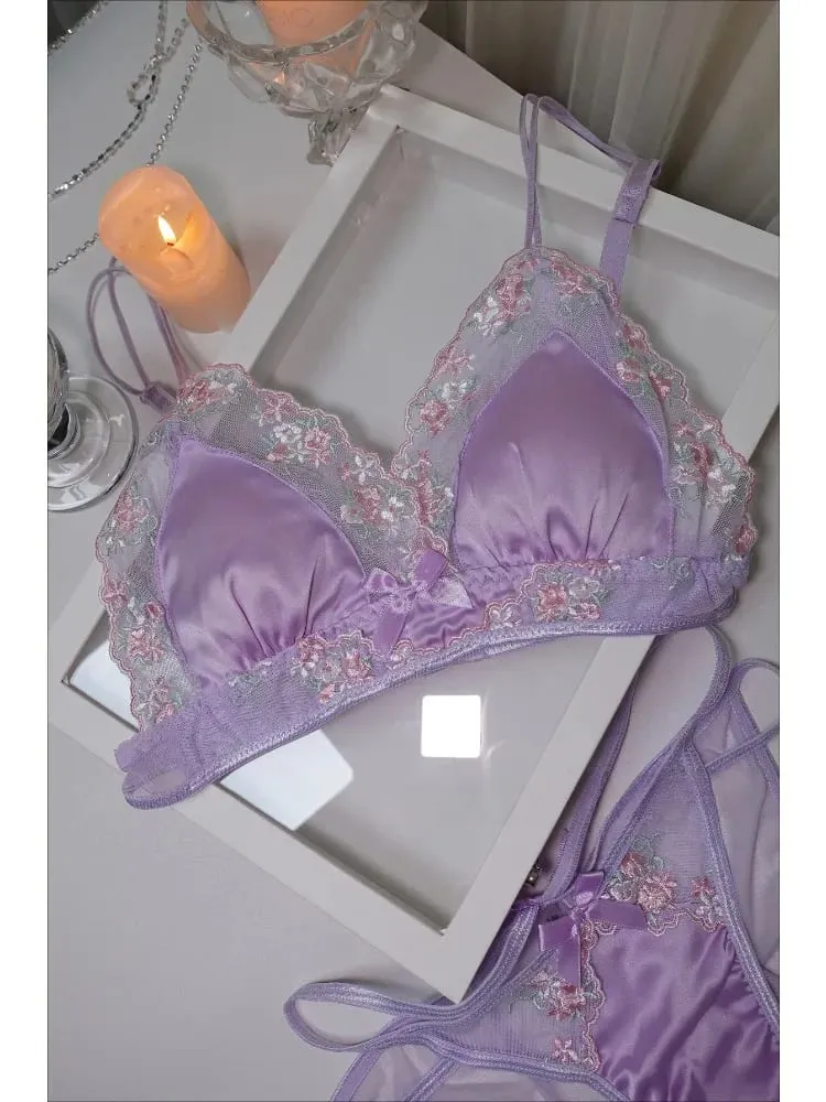 Gadis Perancis Bra Nipis Segitiga Cawan Ungu Sulaman Cahaya Sutera Mewah Set Seluar Dalam Renda Keinginan Tulen Seksi