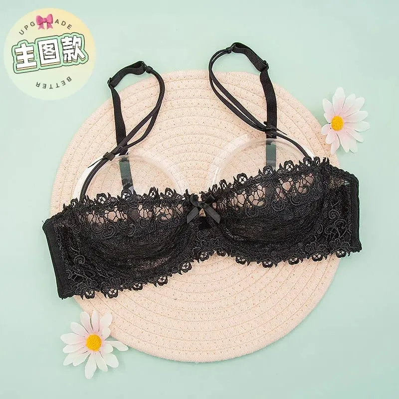 Sexy Lace Bra Set Women Plus Size Sheer Half Cup Push Up Lingerie Ultra Thin Transparent Concealed Nipple Underwear Hot