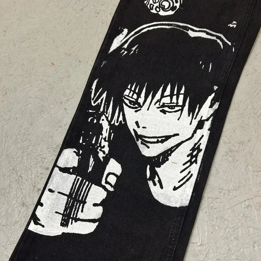 Harajuku anime characters printing jean new wide leg denim pants y2k mens jeans streetwear style couples trouser black jeans