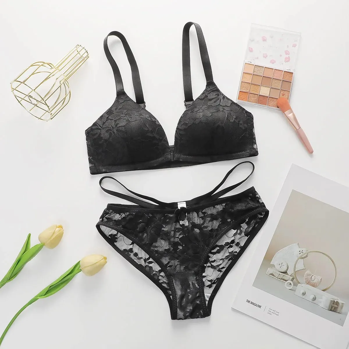 Women Sheer Lace Bra Set Front Hook Closure Wireless V Neck Brassiere Burgundy Floral Lace Underwear Panties Suit Sexy Lingerie
