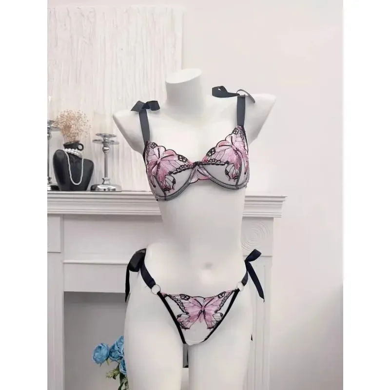 Butterfly Embroidery French Lace Bra Sheer Net Elastic Straps No Padding Romantic Womens Lingerie Set S-XL Soft Comfy