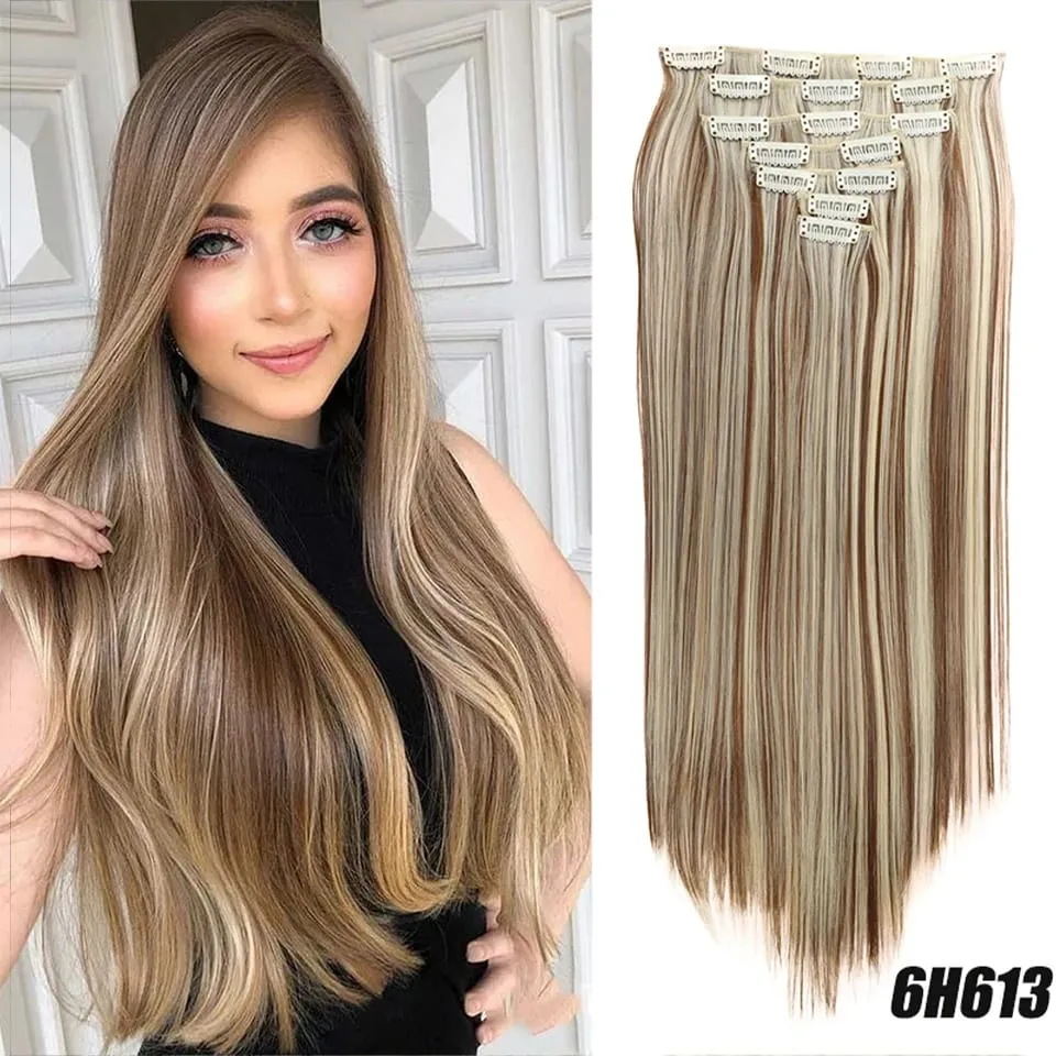 Synthetic 7-piece set with 16 card synthetic straight hair extensions suitable for women's daily party use
