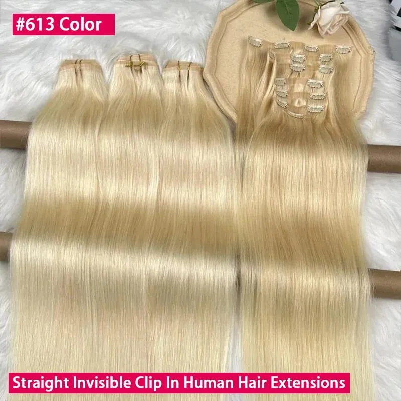 Straight #613 Blonde Color Invisible Clip in Hair Extensions PU Seamless Double Weft Clip Ins 100% Raw Virgin Human Hair 100g