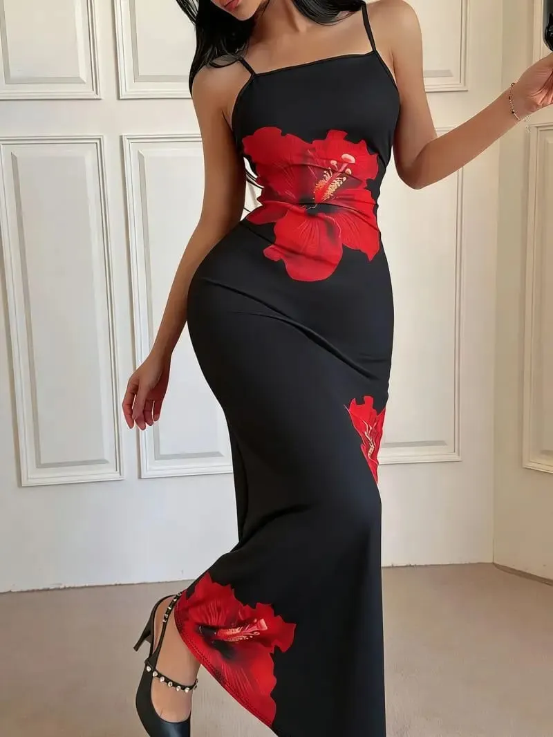 Slim Fit Thin Strap Camisole Long Dress Waist Cinching Slimming Temperament Hip Hugging Gown for Women