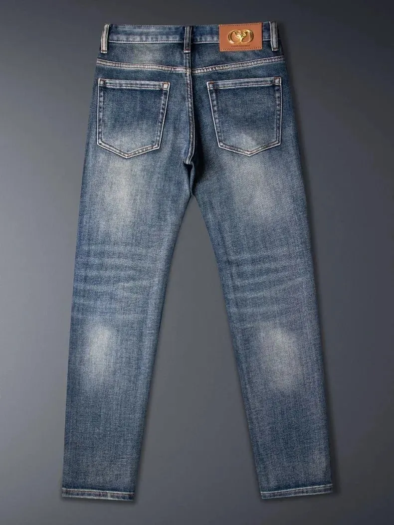 Autumn and Spring New Fashion Trend Printed American Vintage Straight Leg Denim Pants Men's Casual Sports Stretch Jeans 28-36