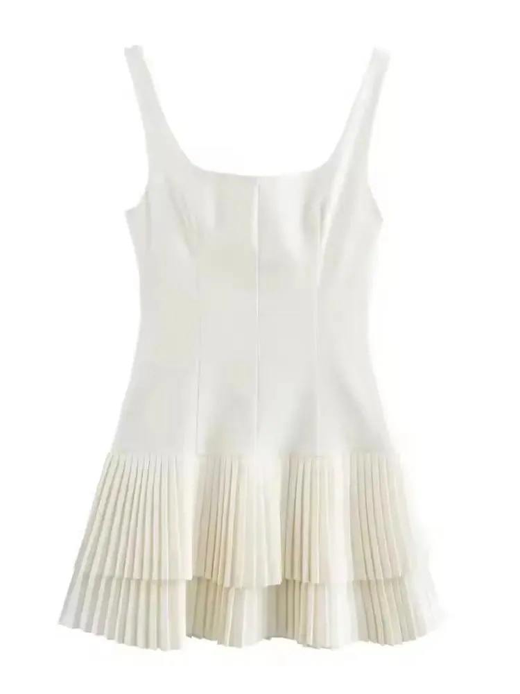 HH Women Fashion Ruffle Dress Elegant Solid Sleeveless Pleated Mini Dresses Summer Lady Beach Vacation Party Dress Vestidos