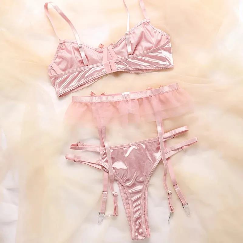Set pakaian dalam tiga potong seksi Perancis untuk anak perempuan celana dan bra nyaman berukuran besar bersirkulasi pita indah untuk wanita