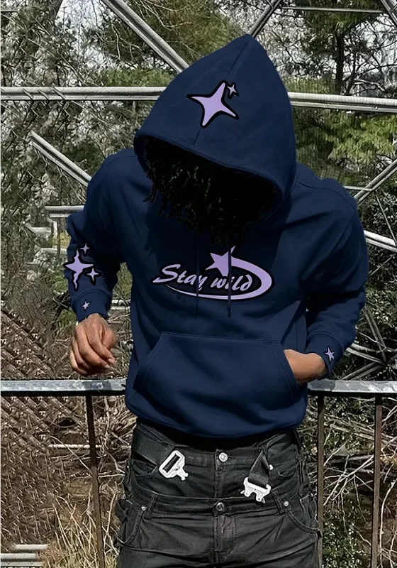 Y2K Star Graphic Hoodie Men Vintage Stay Wild Letter Hooded Sweatshirt streetwear hoodies men clothing promo