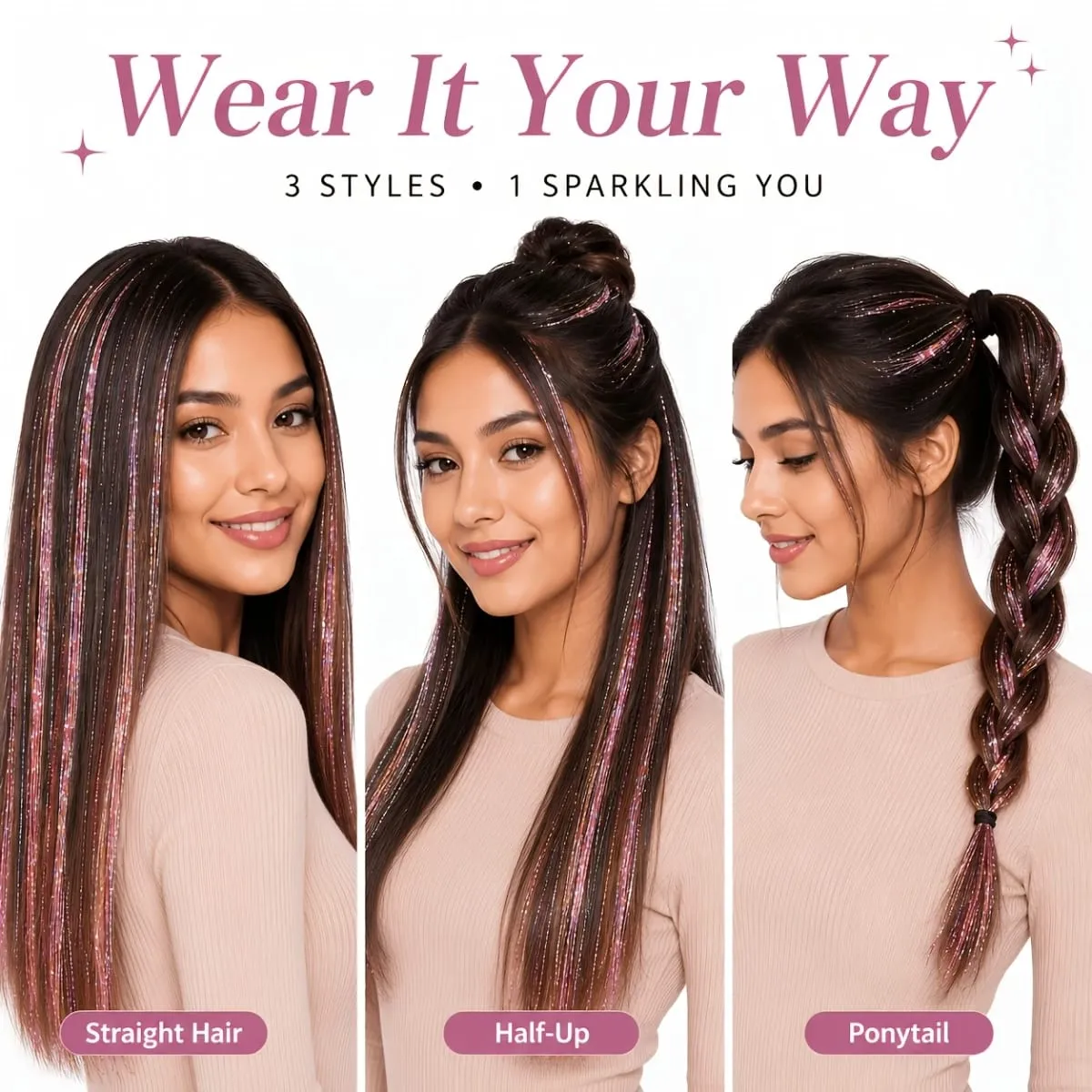 4pcs Clip-In Hair Tinsel Extensions Sparkly Holographic Glitter Hair Strands with Snap Clips Reusable Easy-To-Wear Hair