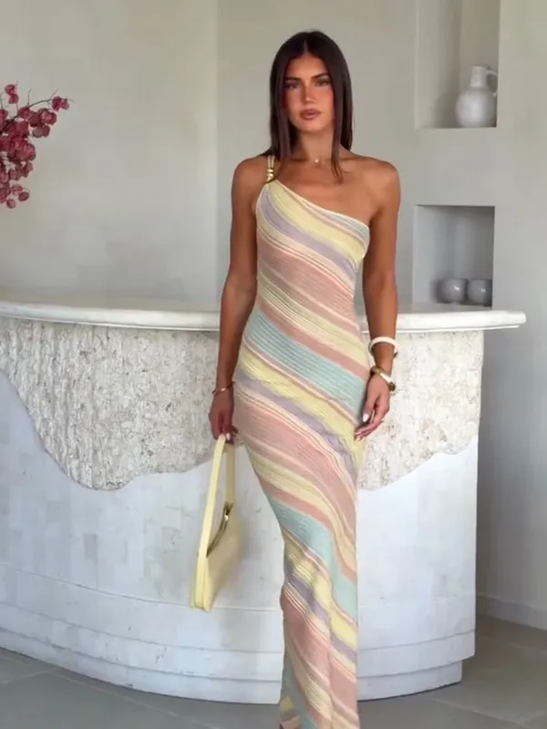 Color Blocked Printed Long Dress Women Elegant Off Shoulder Waist Cinching High Split Vestidos 2026 Lady Daily Vacation Wear New