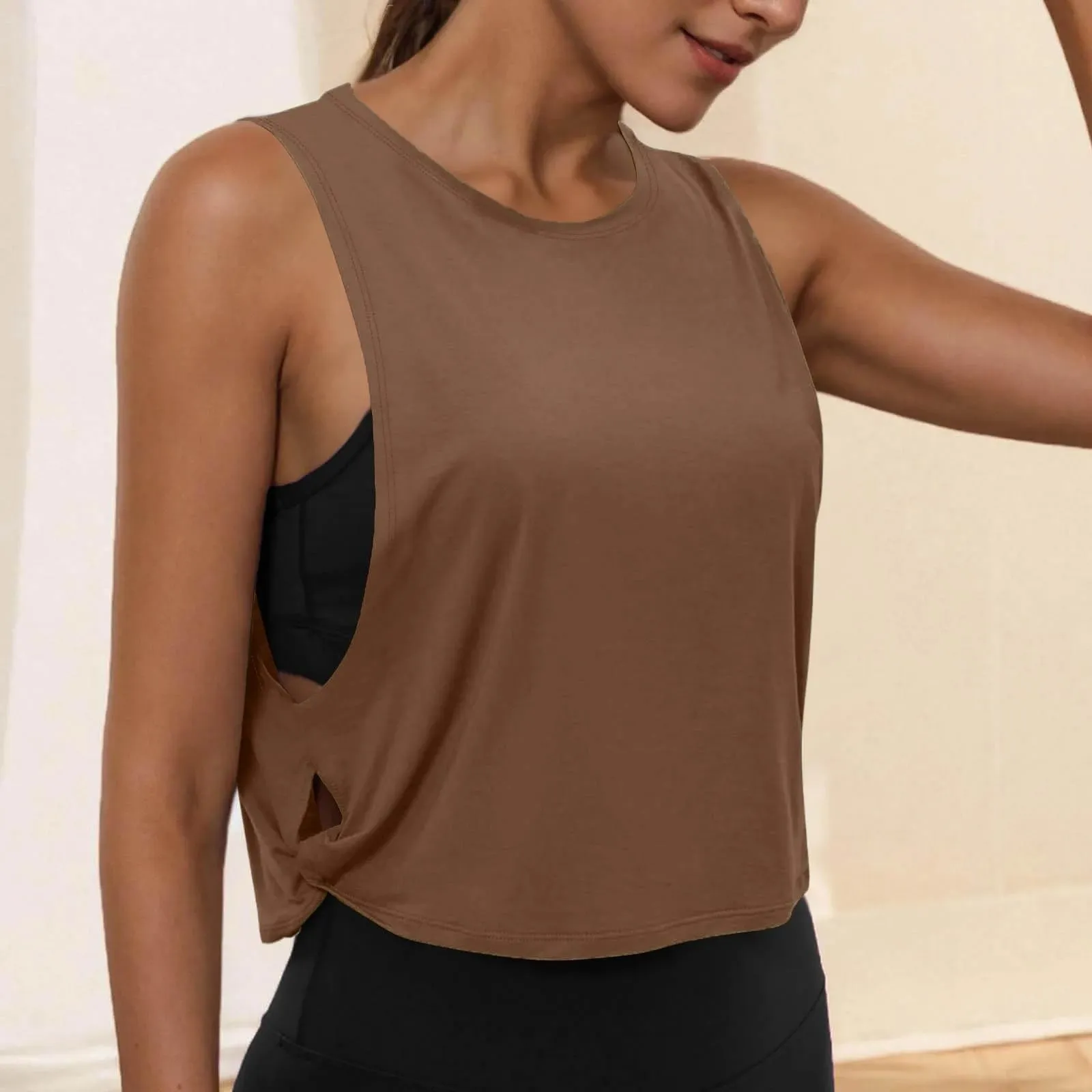 Women Sleeveless Yoga Tops Running Short Tank Crop Top Athletic Vest Breathable Blouse Cover Up Gym Workout Cool T-Shirt