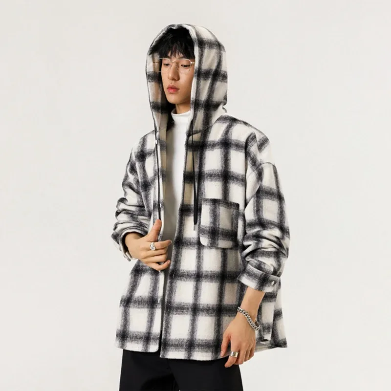 Y2K-Chaqueta holgadas de cuadros con capucha para hombre, cárdigan de talla grande a la moda, ropa de abrigo Vintage coreana, sudaderas con capucha de una botonadura